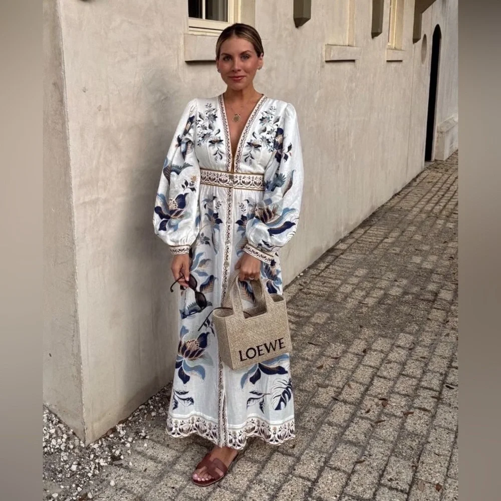new Farm Rio Mystic Blue Lotus Placed Print Long Sleeve Linen Blend Maxi Dress
